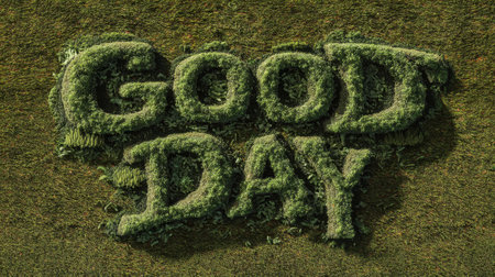 Lush green grass forms the cheerful message "Good Day," crafted artistically on a lawn, symbolizing positivity and nature's beauty. Perfect for uplifting designs.の素材