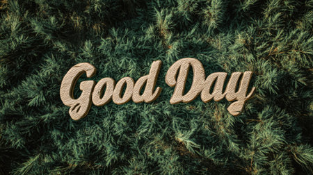 A delightful "Good Day" text overlay set against a lush green backdrop, exuding positivity and a sense of nature. Perfect for cheerful messaging.の素材