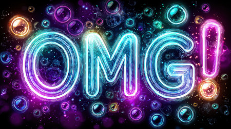 A vibrant and colorful digital artwork capturing the expression of surprise with neon text and bubbles, perfect for party themes or celebrations.の素材