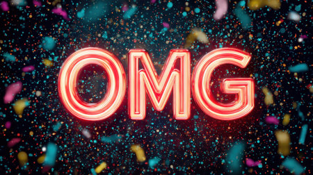 A captivating neon sign displaying the word "OMG" surrounded by vibrant confetti and sparkling effects, perfect for festive celebrations and exciting events.の素材