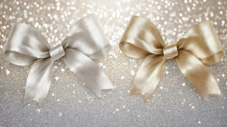 Two elegant satin bows in silver and gold sit against a shimmering background, perfect for wedding, party, or holiday decorations. Ideal for gift wrapping and creative projects.の素材