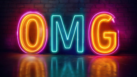 Bright neon lights spell OMG in vibrant colors, creating an energetic atmosphere ideal for nightlife. Perfect for modern decor or artistic concepts.の素材