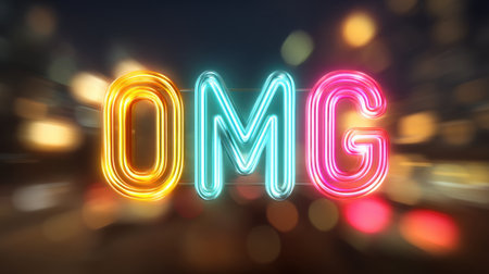 A vibrant neon sign reading "OMG" shines brightly in a blurred urban setting at night, capturing attention with its colorful glow and artistic flair.の素材
