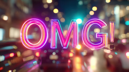 A vibrant neon sign displaying "OMG!" lights up a city street at night. The bright colors and unique design capture excitement and urban energy.の素材