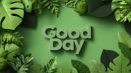 A vibrant green background featuring the text "Good Day," surrounded by various leaves, creating a fresh and cheerful atmosphere perfect for positive messages.の素材