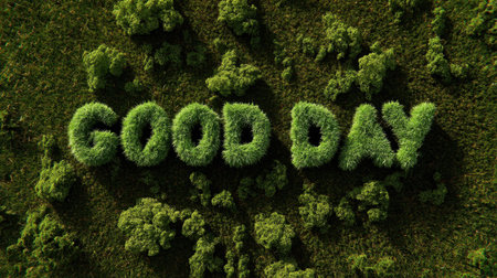 A vibrant arrangement of lush green grass forms the cheerful message "Good Day," creating a refreshing and optimistic visual ideal for nature-themed designs.の素材