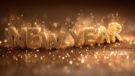 Stunning sparkling text "New Year" designed with golden glitter on a festive background. Perfect for New Year celebrations and invitations to joyful events.の素材