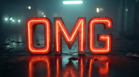 A striking neon sign featuring the letters OMG, glowing vibrantly in a dark urban setting. This image captures a modern, creative expression of excitement and emotion.の素材