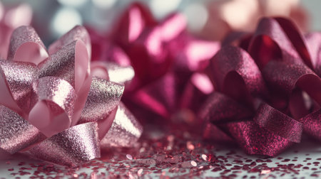 Close-up of colorful shiny gift bows adorned with glitter on a surface. Ideal for festive occasions, celebrations, and wrapping inspirations. Perfect for adding charm to holiday gifts.の素材