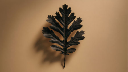A striking black leaf positioned against a smooth warm background, perfect for artistic and decorative uses. Ideal for botanical and minimalist themes.の素材