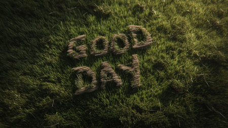 A creative display of the words "Good Day" formed with grass in a sunlit green field, showcasing nature's beauty and a positive atmosphere perfect for any uplifting project.の素材