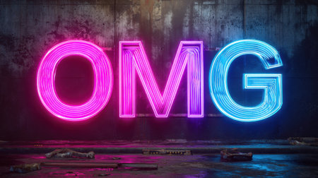 Colorful neon lights forming an expressive OMG sign illuminate a dark wall backdrop. This vibrant artwork captures urban creativity and modern style.の素材