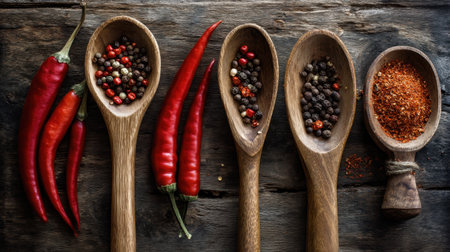 A stunning arrangement of colorful spices in wooden spoons and vibrant red peppers on a rustic wooden table, perfect for culinary inspiration.の素材