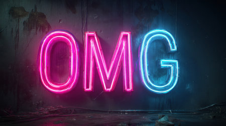 This image features a vibrant neon sign displaying "OMG" in pink and blue glowing lights set against a dark, textured background, perfect for evoking excitement.の素材