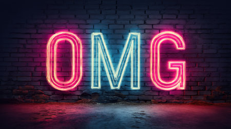 A vibrant neon sign featuring the word "OMG" shines brightly against a dark brick wall, creating a striking visual contrast and energetic atmosphere.の素材