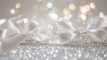 A close-up of elegant white ribbons tied into bows, set against a sparkling backdrop with soft bokeh lights, creating a dreamy, festive atmosphere.の素材