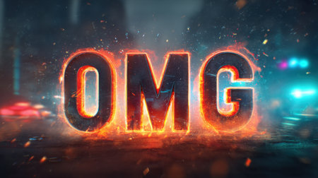 This striking image features bold typography of "OMG" in fiery flames. The urban background adds drama, making it perfect for creative projects that need excitement.の素材