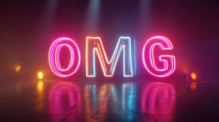 A striking neon light sign displaying the word "OMG" captures attention with its vibrant colors and artistic glow, perfect for adding flair to events or artworks.の素材
