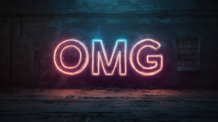 Vibrant neon OMG sign radiates against a dark urban wall, creating a modern and artistic atmosphere perfect for nightlife and trendy designs.の素材