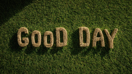 A cheerful depiction of the phrase "Good Day" crafted from hay sticks, set against a vibrant green grass background, ideal for positive themes.の素材