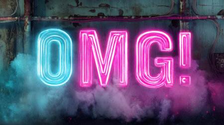 Vibrant neon "OMG!" sign in a dark setting with colorful smoke creates a dynamic and energetic atmosphere. Perfect for creative projects or events!の素材