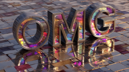 Stunning 3D representation of the letters OMG, featuring vibrant colors and reflective surfaces, perfect for creative projects and modern design applications.の素材
