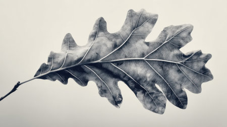 A striking black and white image of an oak leaf, showcasing intricate textures and natural forms against a minimal backdrop, perfect for artistic projects.の素材