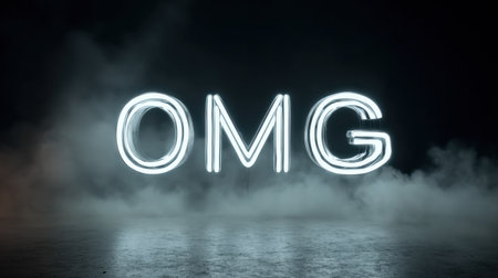 An attention-grabbing neon sign featuring the letters OMG, emanating a vibrant glow amidst a smoky background, perfect for modern designs and creative expressions.の素材