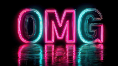 A captivating neon sign displaying "OMG" in vibrant hues of pink and blue, reflecting beautifully on a dark surface, perfect for art or design projects.の素材