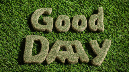 Enjoy the vibrant text art formed from grass spelling "Good Day" on a lush green background. Perfect for promoting positivity, nature, and creativity.の素材