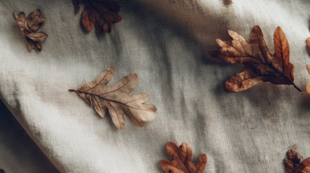 This image features dried autumn leaves scattered on a soft fabric background, creating a serene and natural composition perfect for seasonal themes.の素材