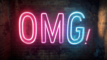 This image features a vibrant neon sign reading "OMG!" illuminated against a textured dark brick wall, perfect for conveying excitement and modern urban vibes.の素材