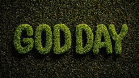 A vibrant display of green grass shaped into the phrase "God Day," set against a lush turf background, perfect for conveying positivity and freshness.の素材