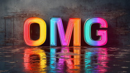 A vibrant and colorful neon OMG sign reflecting on a wet floor, showcasing the playful energy of modern design. Perfect for creative or advertising projects.の素材