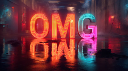A stunning neon sign displaying "OMG" lights up a dim urban setting, reflecting vibrant colors off a glossy surface, creating a captivating atmosphere.の素材