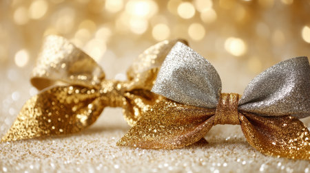 Two exquisite glitter bows in gold and silver are set against a shimmering background. This stylish image captures the essence of celebration and luxury. Perfect for festive themes.の素材