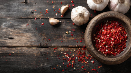 Vibrant red chili flakes alongside fresh garlic cloves on a rustic wooden table. Ideal for enhancing ingredients in diverse culinary creations.の素材