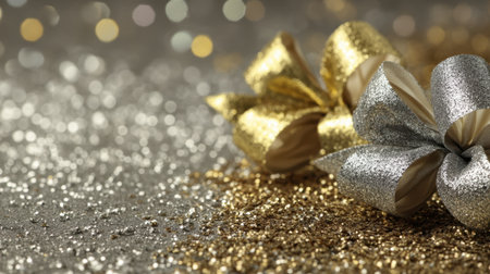 Close-up of exquisite gold and silver gift bows on a shimmering glitter surface, perfect for capturing the essence of festive celebrations and joyful moments.の素材