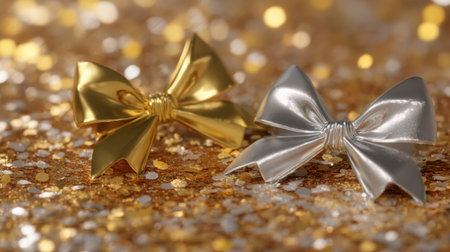 Capture the essence of elegance with these gold and silver bows resting on a sparkling backdrop, perfect for festive occasions and creative projects.の素材