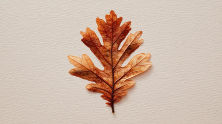 This image showcases a beautifully detailed autumn oak leaf against a textured background, highlighting its intricate patterns and warm hues, perfect for nature themes.の素材