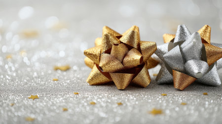 Discover the beauty of shimmering gold and silver gift bows on a sparkling glitter background. Perfect for holiday, birthday, and celebratory themes.の素材