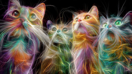 This captivating digital artwork features four colorful cats with vibrant fur, exhibiting an enchanting glow. Their expressive eyes and whimsical appearance create a playful atmosphere.の素材