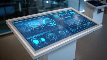 High-tech digital dashboard showcasing data analytics and visual insights for enhanced interaction and user engagement in a modern workspace environment.の素材