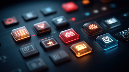 Close-up view of a modern control panel featuring vibrant buttons and icons that suggest various functions, showcasing technology and user interface design.の素材