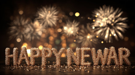 Celebrate the excitement of New Year with festive decorations and vibrant fireworks. This image captures a joyful atmosphere filled with sparkle and cheer.の素材