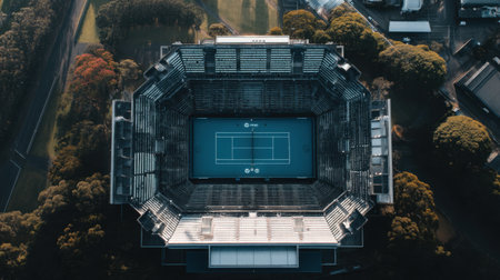 This aerial photograph captures a tennis stadium with a vibrant blue court, surrounded by lush greenery. Perfect for sports and recreation themes.の素材
