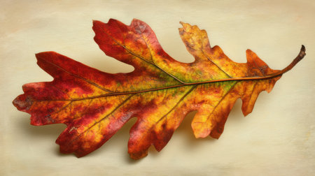 A stunning autumn leaf showcases rich red and orange hues against a wooden background, representing the beauty of seasonal change and natureの素材
