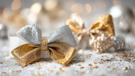 Delight in the elegance of glittering bows on a shimmering surface, perfect for festive decor. Ideal for holiday celebrations and seasonal designs.の素材
