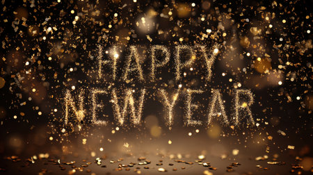 Stunning image featuring golden glitter and confetti displaying a "Happy New Year" message, perfect for festive celebrations and holiday greetings.の素材