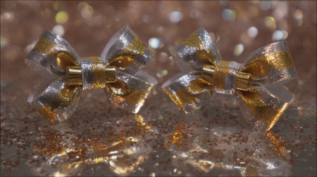 Two exquisite decorative bows in gold and silver shimmer against a sparkling background, perfect for adding a touch of elegance to any festive occasion.の素材
